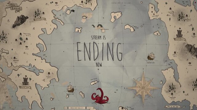 Old world treasure map stream loop background featuring ending now text. Suitable for adventure finales, pirate game closings, and fantasy stream wrap ups.