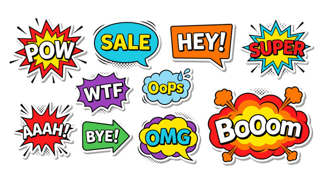 Retro comic-style sale stickers for promotional banners and marketing