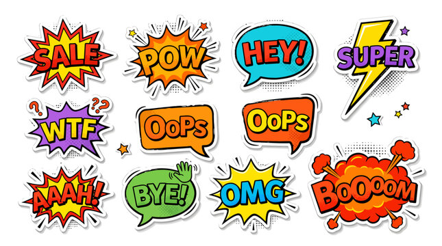 Retro comic speech bubbles with sale pow oops and boom effects for
