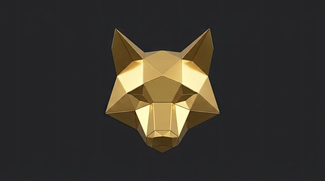 3D low poly golden wolf head sculpture on dark.