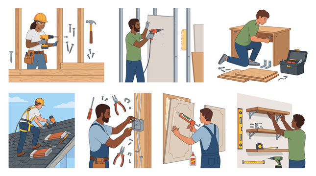 Diverse Carpenters And Handymen Working On Home Repair