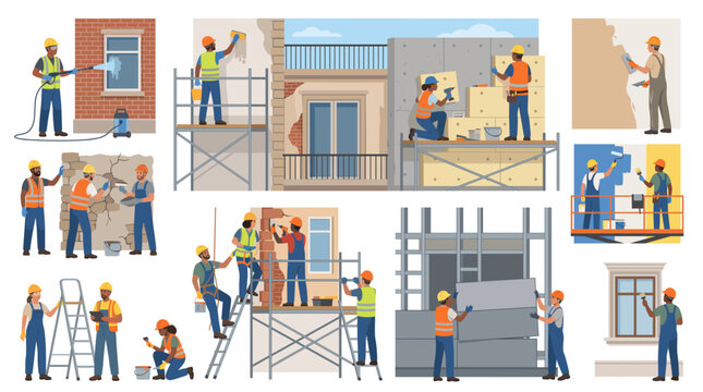 Flat design illustration set of workers doing renovation work