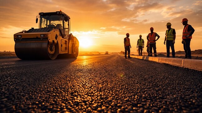 Road worker crew operating heavy roller machine on new asphalt highway during highway paving. Civil engineering team performing street maintenance and infrastructure renovation at sunset.