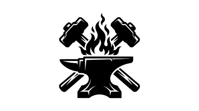 Blacksmith logo with anvil hammers and flames.
