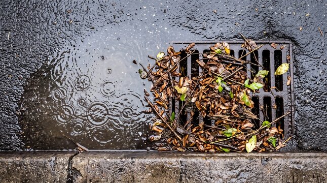 Storm drain grate clogged with autumn fallen leaves and debris on wet asphalt during rain, representing street maintenance, urban stormwater management and municipal drainage.