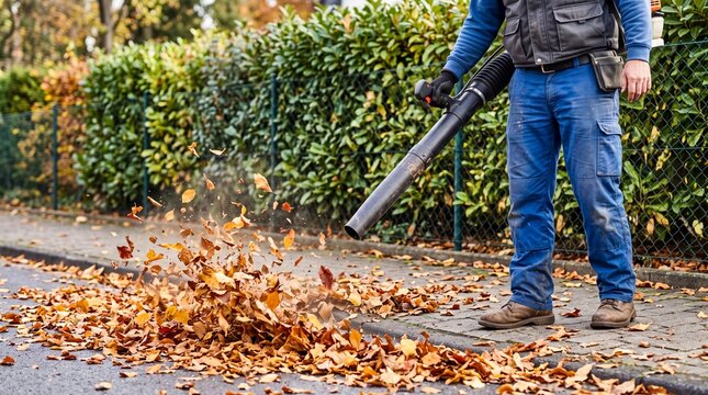 Municipal worker blowing dry autumn leaves off the sidewalk with power blower. Groundskeeper performing seasonal street maintenance and municipal cleaning service outdoors.