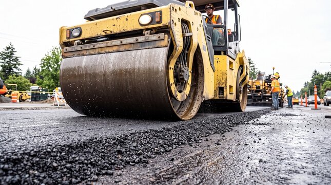 Road roller operator compacting fresh hot asphalt layer on urban avenue. Heavy equipment operator paving and leveling blacktop during municipal street maintenance.