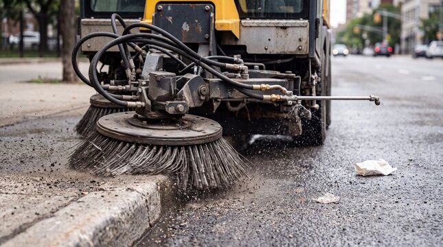 Street sweeper vehicle cleaning asphalt road curb with rotating brush and water spray. Municipal utility truck conducting street maintenance and public road sanitation service.