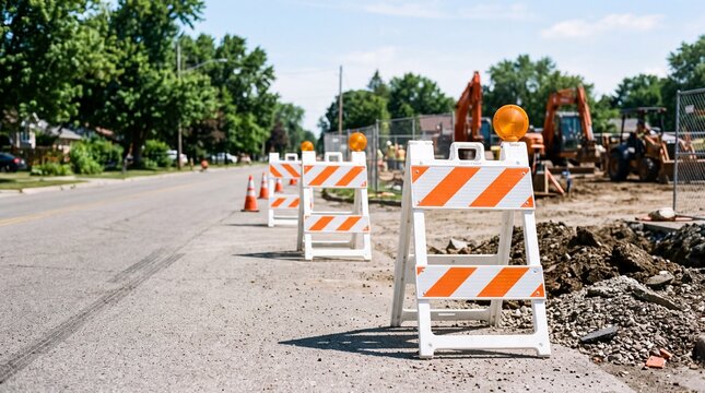 Road maintenance barricades line a suburban street beside excavation and heavy machinery. Temporary traffic control and street repair work on an active roadside construction zone