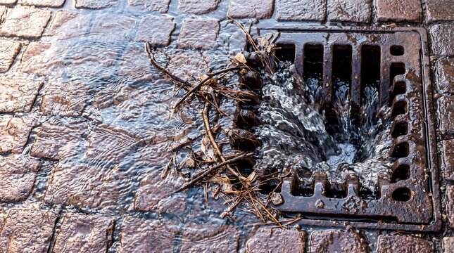 Storm drain grate with flowing rainwater and clogged twigs on cobblestone pavement, representing municipal street maintenance, urban stormwater drainage and flood prevention.