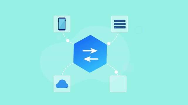 Flat vector animation showing a central data transfer hub with bidirectional arrows connected to digital devices, documents, cloud storage, and folders.