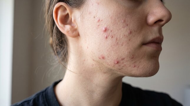 Young person with acne breakouts on cheek for dermatology and skincare