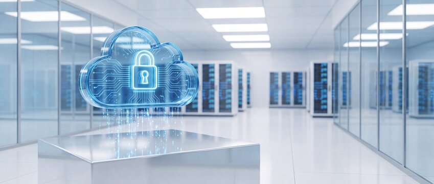 Glowing digital cloud icon with padlock floating in server room