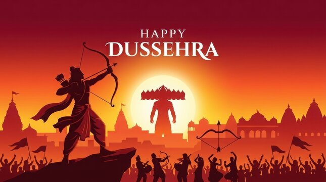 Lord rama shooting bow at ravan with silhouettes of temple architecture and crowd celebration during happy dussehra event.
