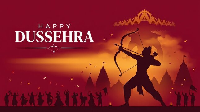 Dynamic silhouette of lord rama aiming bow at demonic ravan with festive crowd and temples for happy dussehra celebration.
