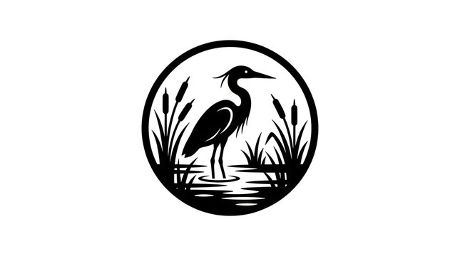 Circular heron bird silhouette logo among marsh reeds.