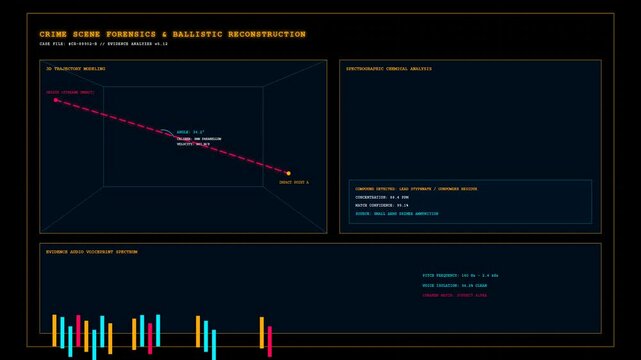 Digital Forensics Interface Showing Ballistic Trajectory Reconstruction and Analytical Data Analysis