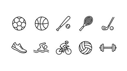 sports icon collection, 10 minimalist line art symbols for fitness and exercise, clean black outline graphics for athletic competition. © haseeb