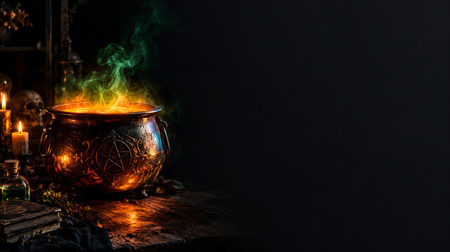 Asymmetrical Halloween background template with glowing witch cauldron on the left and massive empty dark copy space on the right