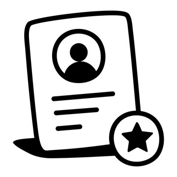 Hand-drawn doodle of a profile document with a user image and badge, representing a candidate profile, qualifications, and applicant details.