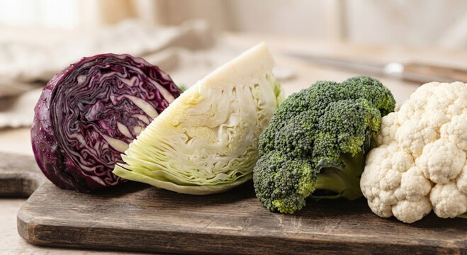 Makro Aufnahme von frischem Rotkohl, Wei&szlig;kohl, Brokkoli und Blumenkohl auf einem h&ouml;lzernen Schneidebrett