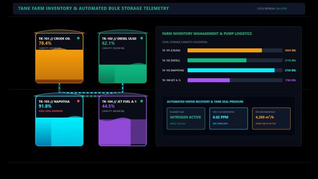 Industrial Tank Farm Inventory Monitoring Dashboard Displaying Real Time Storage Logistics Data