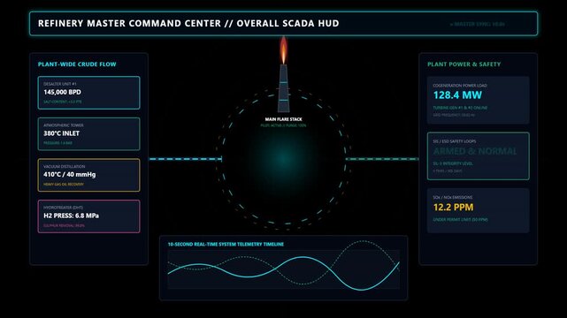 Refinery Master Command Center Dashboard with Real Time Scada Data Monitoring Interface Display