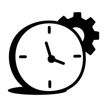 Hand-drawn doodle of a clock beside a gear, representing working hours, time settings, and scheduled employee work periods in the workplace.