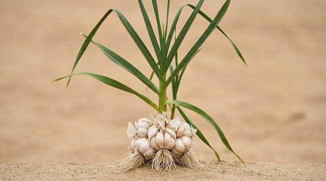 Cluster of White Garlic Bulbs with Green Leaves on Sand