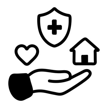 Hand-drawn doodle of a hand holding heart, shield, and home symbols, representing employee benefits, care, protection, and workplace support services.