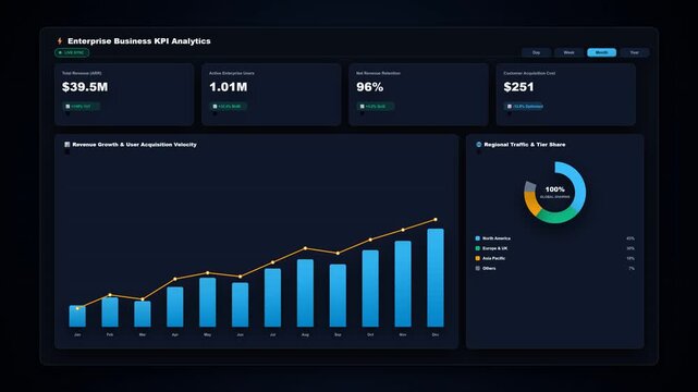 SaaS Enterprise Business KPI Dashboard Animation, Business Analytics UI with Animated Bar Chart, Line Graph and Donut Chart, Revenue Growth, Active Users, Data Visualization and Performance Metrics