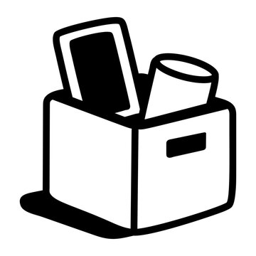 Hand-drawn doodle of an open storage box holding devices, representing asset return and the handover of workplace equipment or company items.