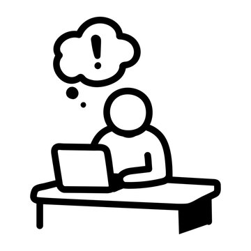 Hand-drawn doodle of a worker at a desk with an alert bubble, representing workplace issues, employee concerns, and job problems needing review.