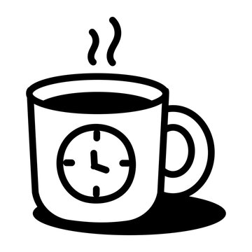 Hand-drawn doodle of a steaming cup with a clock symbol, representing a work break, rest time, and a short pause during the employee workday.