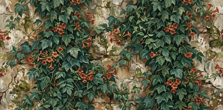 Lush trumpet vine flowers climbing on a weathered stone wall with green ivy leaves pattern
