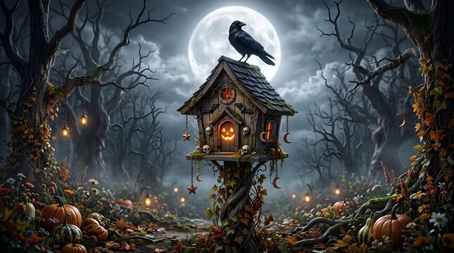 Spooky halloween birdhouse decorated with pumpkins, skulls, and spiderwebs, topped with a black crow under a full moon in a dark forest