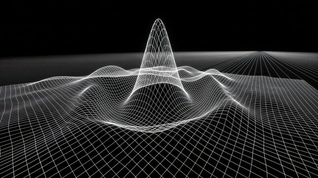 White wireframe surface rising into a central peak across a black grid. Mathematical function and data visualization. Abstract 3D terrain, topology and scientific computing concept.
