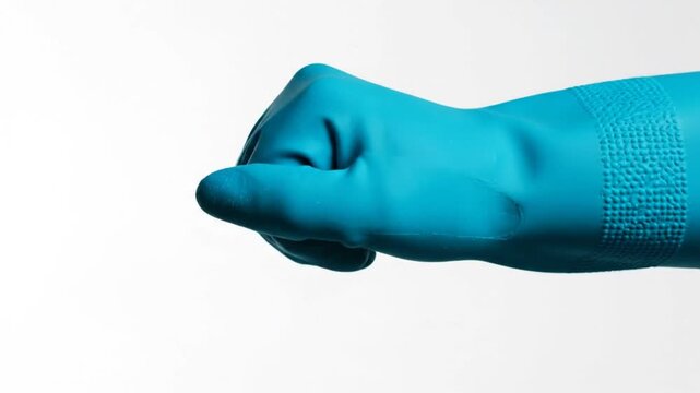 Turquoise rubber glove showing open hand forming a fist and then opening again against a plain white background