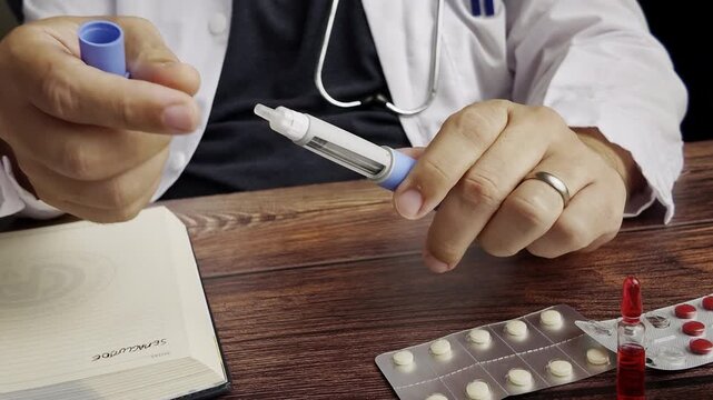 Male physician examining Semaglutide GLP-1 auto injector pens while taking notes in an agenda for obesity management, illustrating endocrinology healthcare consulting and pharmaceutical planning.