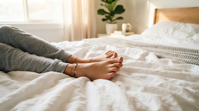 Woman Relaxing On Bed Resting Her Feet In Cozy Bedroom Sunlight During A Lazy Morning Weekend Day.