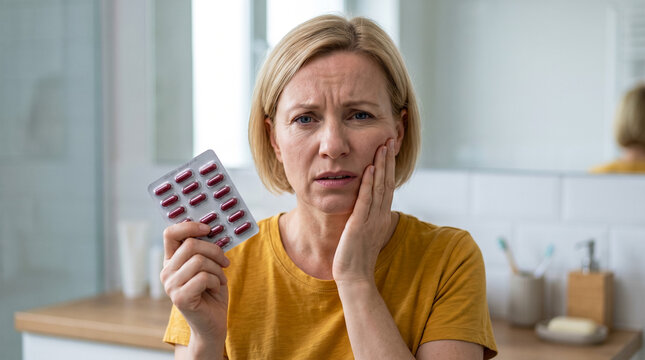 Middle-aged woman holding blister pack with pills touching cheek in bathroom, toothache pain and dental health