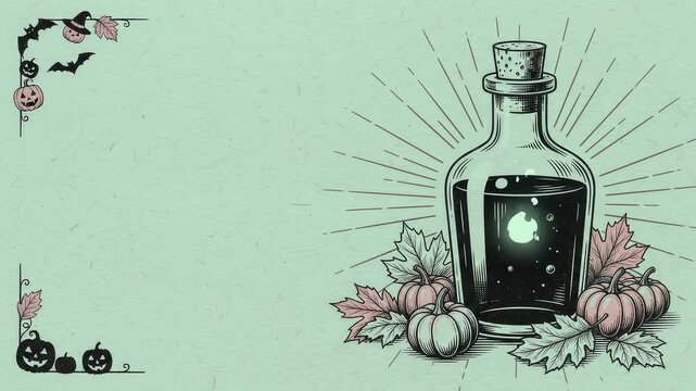 Antique engraving potion bottle glowing on green halloween background