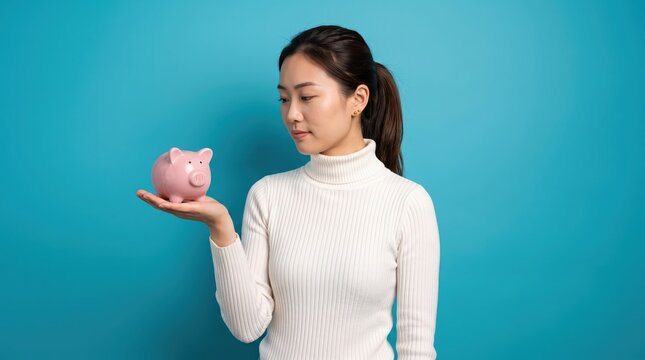 Woman with pink piggy bank against turquoise background. Personal savings and financial planning. Budgeting, money management and financial wellness. Thrift, banking and future security.