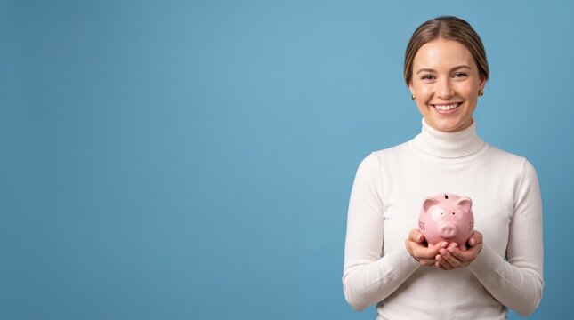 Woman holding pink piggy bank against blue background. Personal savings and financial planning. Money management and budgeting concept. Copy space for finance advertising.