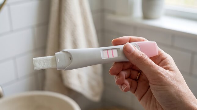 Hand holding positive pregnancy test with two lines in bathroom. Home pregnancy testing and fertility planning. Early pregnancy, family planning and reproductive health concept.