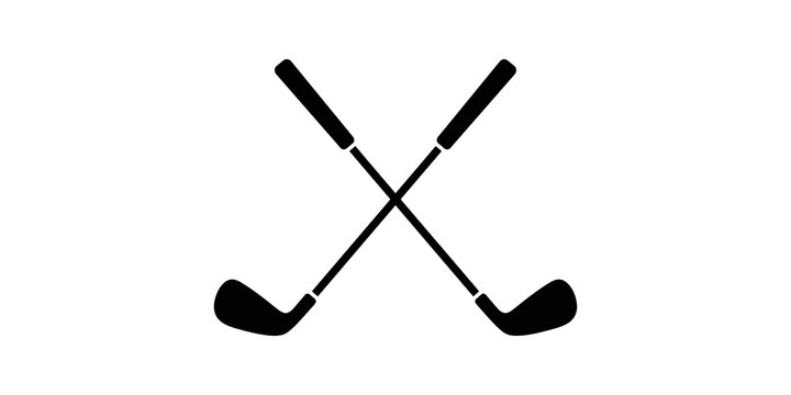 Crossed golf clubs icon showing black iron equipment on clean flat area.