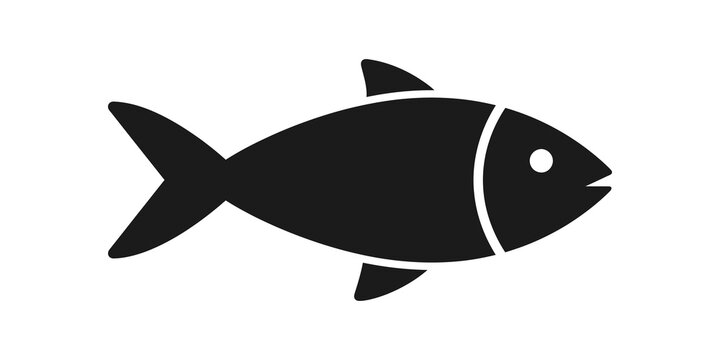 Minimalist black fish icon vector illustration on grey grid backdrop.