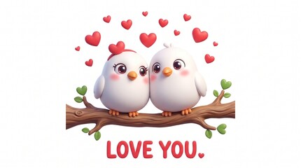 Fototapeta premium Two Birds Perched on a Branch, Displaying Affection with Floating Hearts and the Text 'Love You' Below. Cute Cartoon Illustration.