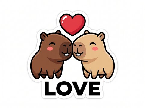 Capybaras with a Heart Symbol and 'Love' Text. Cute Cartoon Capybaras Expressing Affection, a Charming Illustration for Valentine's Day or