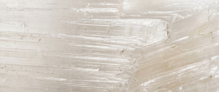 Macro close-up of translucent selenite crystal showing fibrous texture and horizontal striations